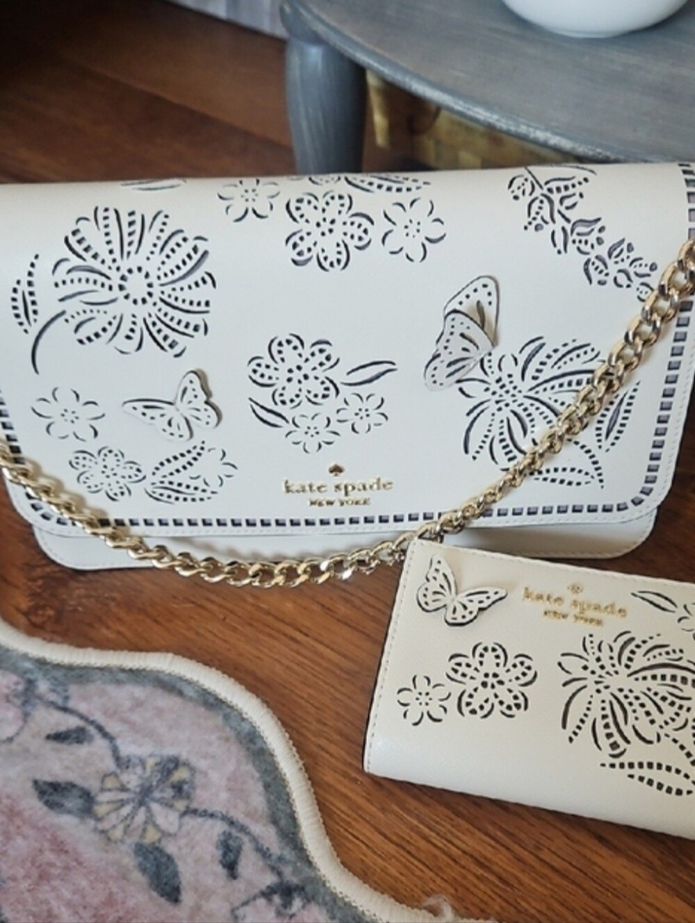 kate spade Cream Floral & Butterfly Perforated Chain Crossbody Bag